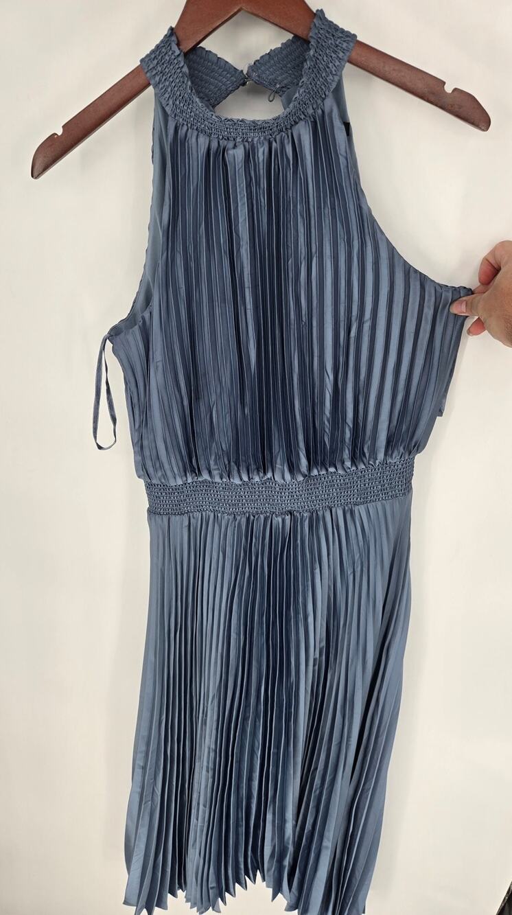 Blue High Neck Sleeveless Pleated Dress by White House Black Market Women's 8